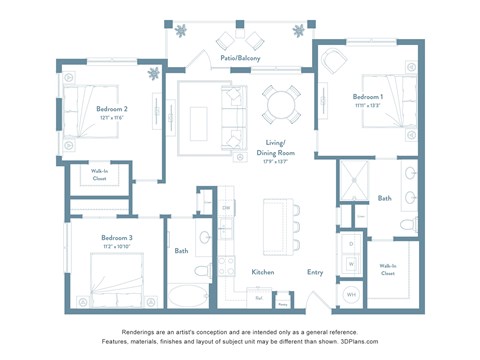 A floor plan of a house with three bedrooms, a living room, a dining room, a kitchen, and a bathroom.